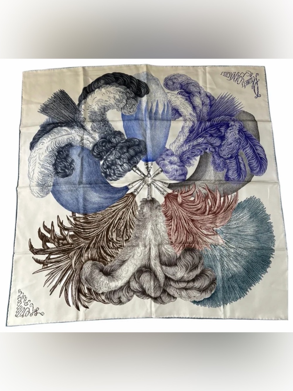 Hermès Plumets et Panaches Carré 90 silk twill scarf print of colorful feathers
